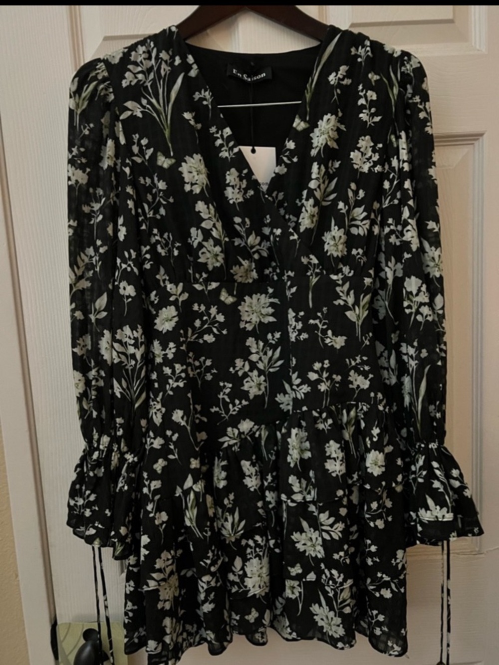 En Saison Black Mini Dress with White and Light Green Floral Print